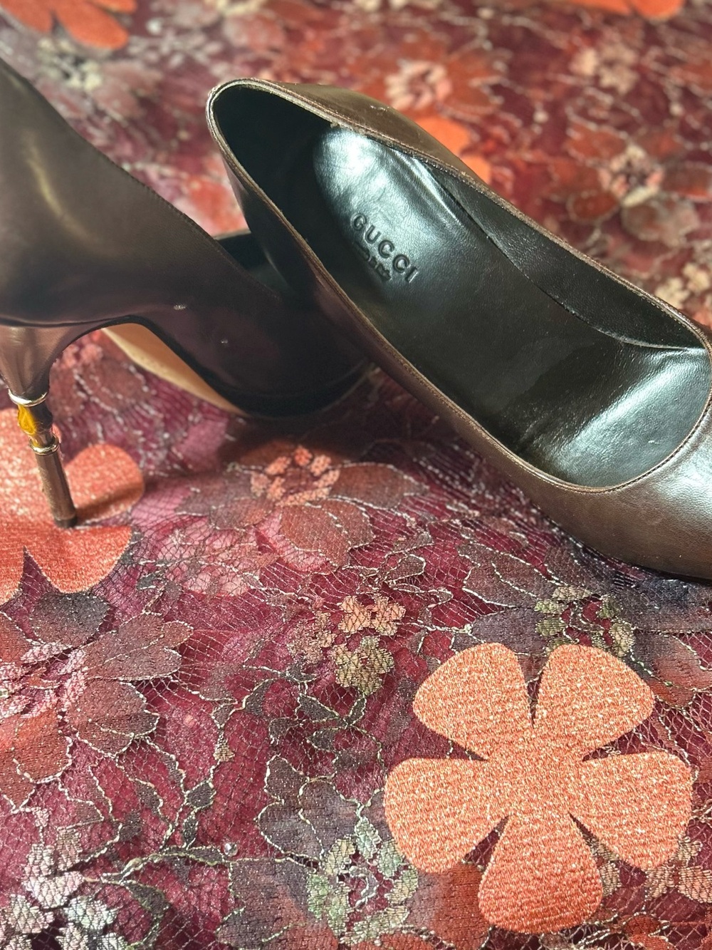 Gucci Brown Leather High Heel Platform Pumps w Bamboo Detail Heels